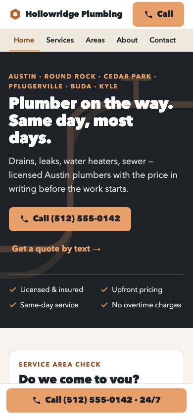After: the GetLocalPage version on a phone — one tap to call, service area, quote form