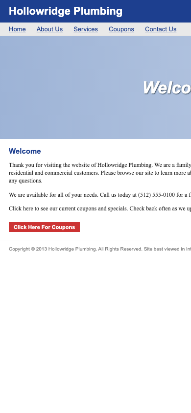 Before: a typical older plumbing website, a desktop layout squeezed onto a phone
