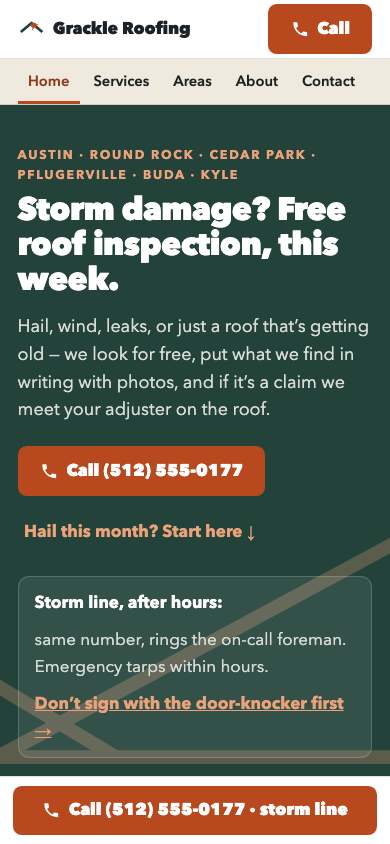 After: the GetLocalPage website for a roofer in Austin, TX, shown on a phone