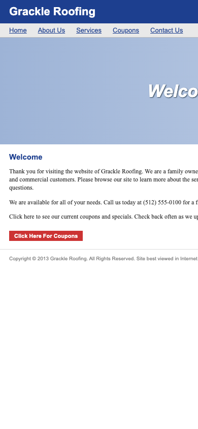 Before: the previous website for a roofer in Austin, TX, shown on a phone