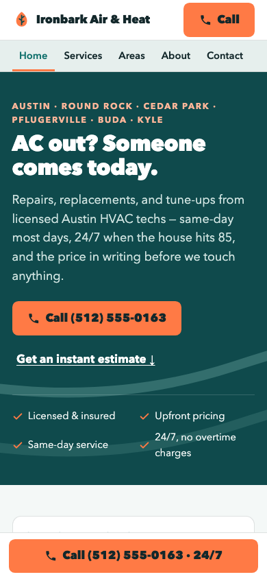 After: the GetLocalPage website for an HVAC company in Austin, TX, shown on a phone